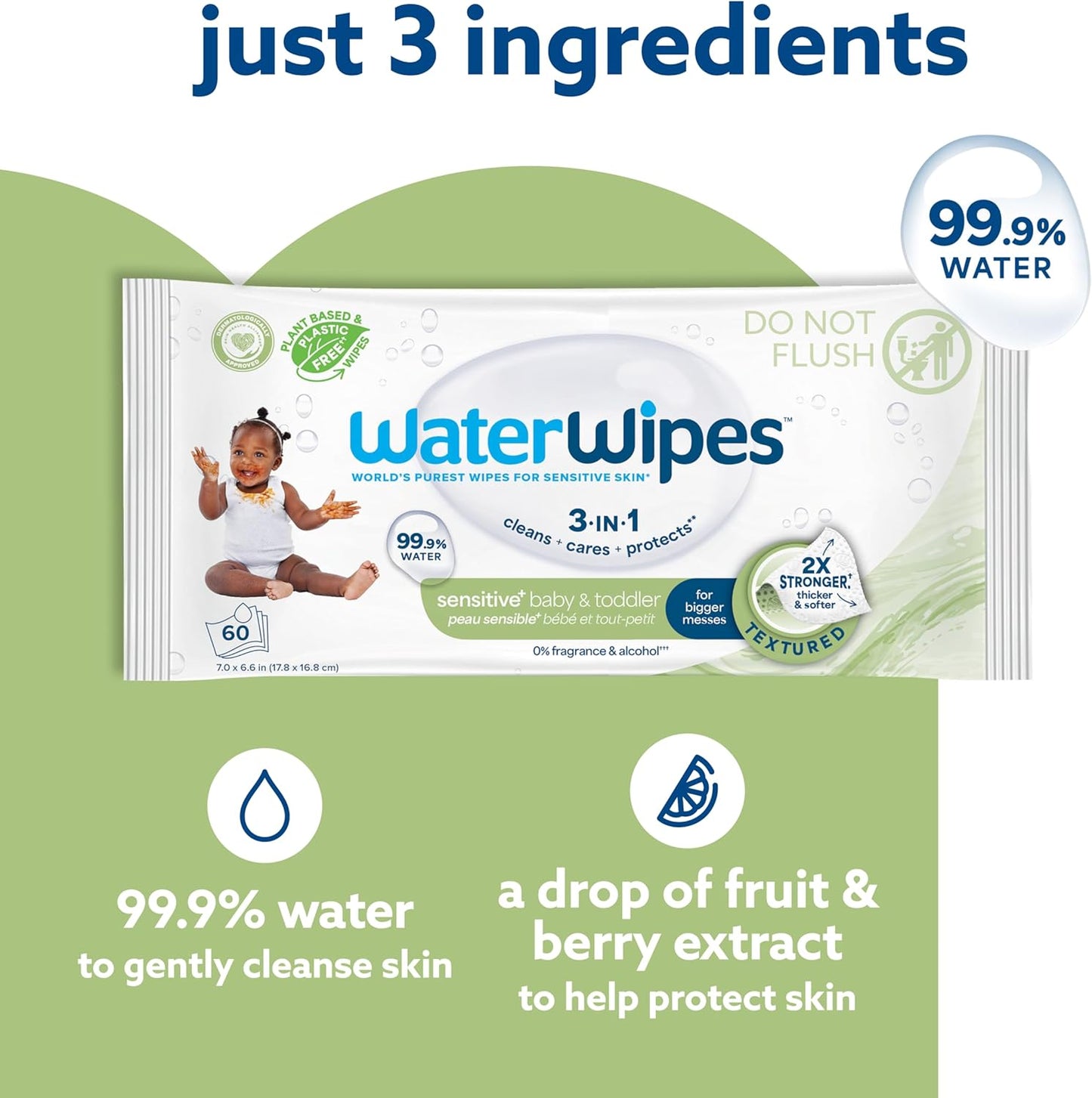 WaterWipes Sensitive+ Baby & Toddler Wipes, 3-In-1 Cleans, Cares, Protects, 99.9% Water, Textured Clean, Unscented &