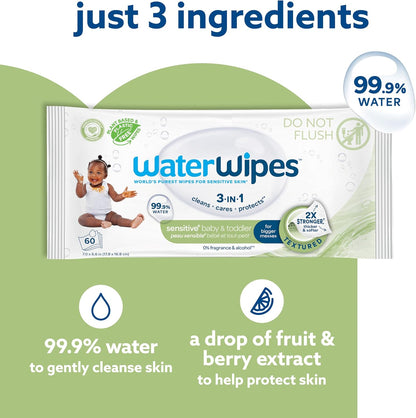 WaterWipes Sensitive+ Baby & Toddler Wipes, 3-In-1 Cleans, Cares, Protects, 99.9% Water, Textured Clean, Unscented &