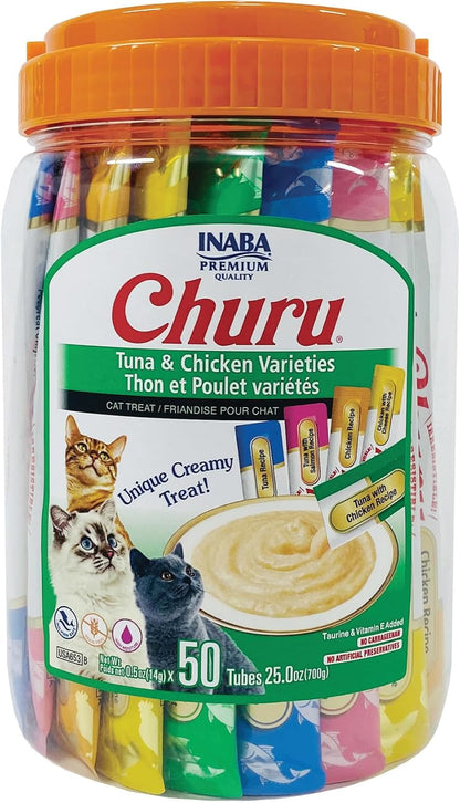INABA Churu Cat Treats, Grain-Free, Lickable, Squeezable Creamy Pure Cat Treat/Topper with Vitamin E & Taurine, 0.5 Ounces Each Tube, 50