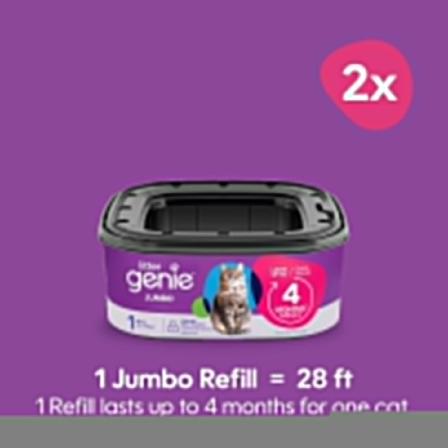 Litter Genie Refill Bags, Jumbo 2-Pack, 56 Total ft, Up to 8 Months of Supply in 2 cartridges, Ultimate Odor Control Cat Litter Bags
