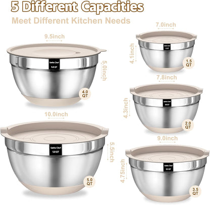 Umite Chef Mixing Bowls with Airtight Lids Set, 8PCS Stainless Steel Khaki Nesting Bowls with Grater Attachments, Kitchen Bowls with Non-Slip