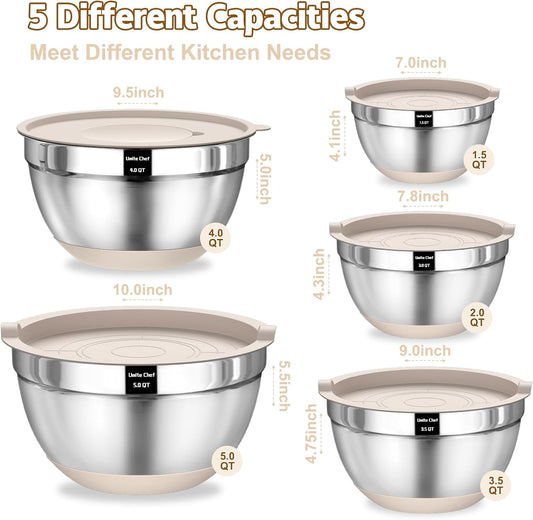 Umite Chef Mixing Bowls with Airtight Lids Set, 8PCS Stainless Steel Khaki Nesting Bowls with Grater Attachments, Kitchen Bowls with Non-Slip