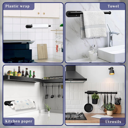 Paper Towel Holder, Self Adhesive or Drilling Paper Towel Holder Under Cabinet, Stainless Steel Black Paper Towel Holders Wall Mount for