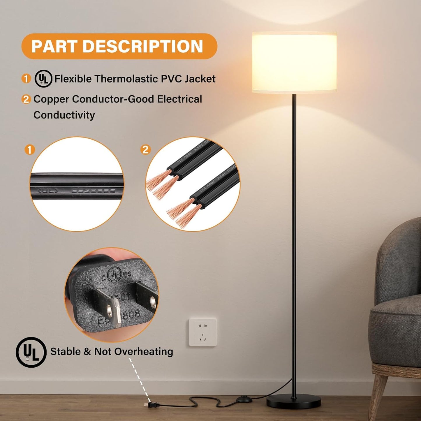 Modern Floor Lamp Simple Design with White Shade, Foot Pedal Switch, 60" Small Tall Lamps for Living Room Bedroom Office Dining Room