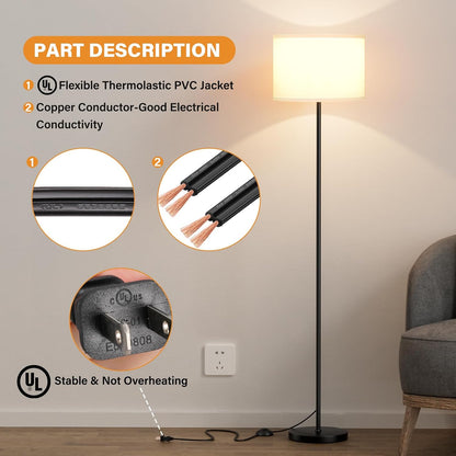 Modern Floor Lamp Simple Design with White Shade, Foot Pedal Switch, 60" Small Tall Lamps for Living Room Bedroom Office Dining Room