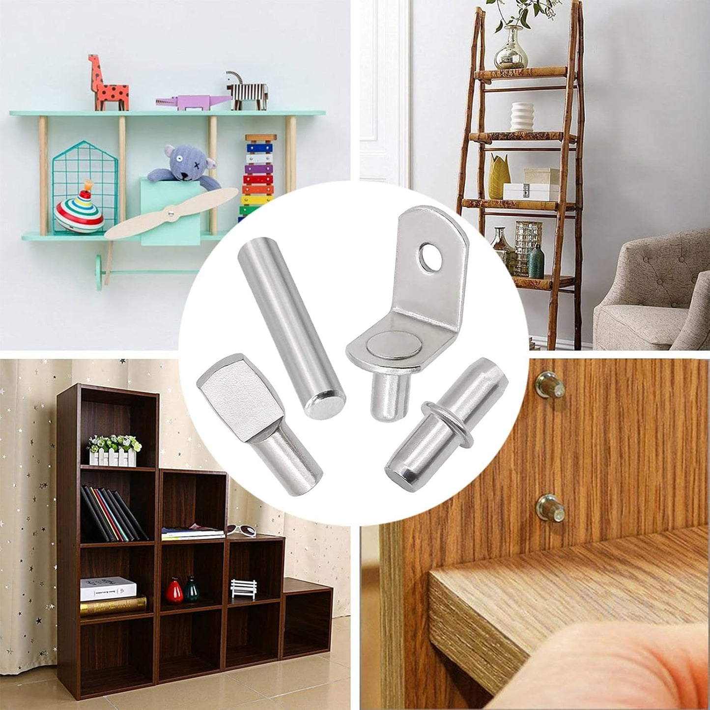 104Pcs Shelf Pins Kit,4 Styles Nickel Plated Shelf Support Pegs,Bookshelf Pegs for