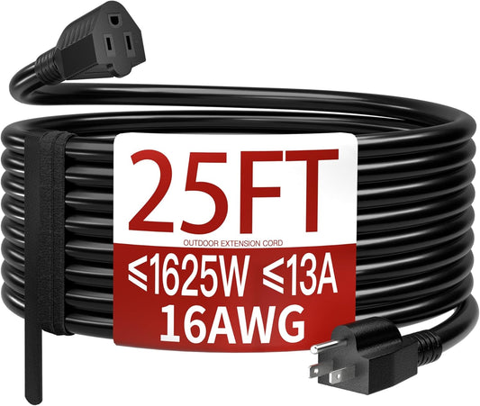 Skrizcable 16/3 25 FT Outdoor Extension Cord Waterproof, Weatherproof & Flame Retardant Black 3 Prong Power Cord Outside for Lawn &