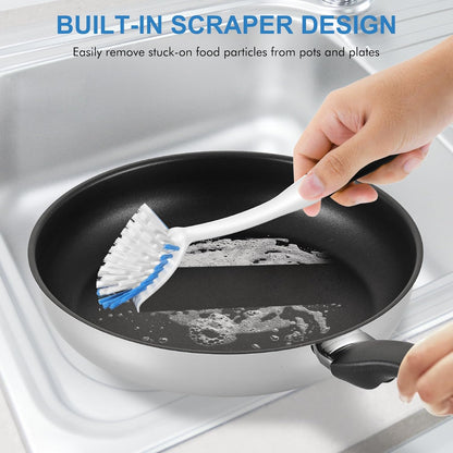 SetSail Dish Brush with Handle, 2 Pack Stiff Bristles Dish Scrubber with Built-in Scraper Dish Scrub Brushes for Cleaning Dishes, Pots and