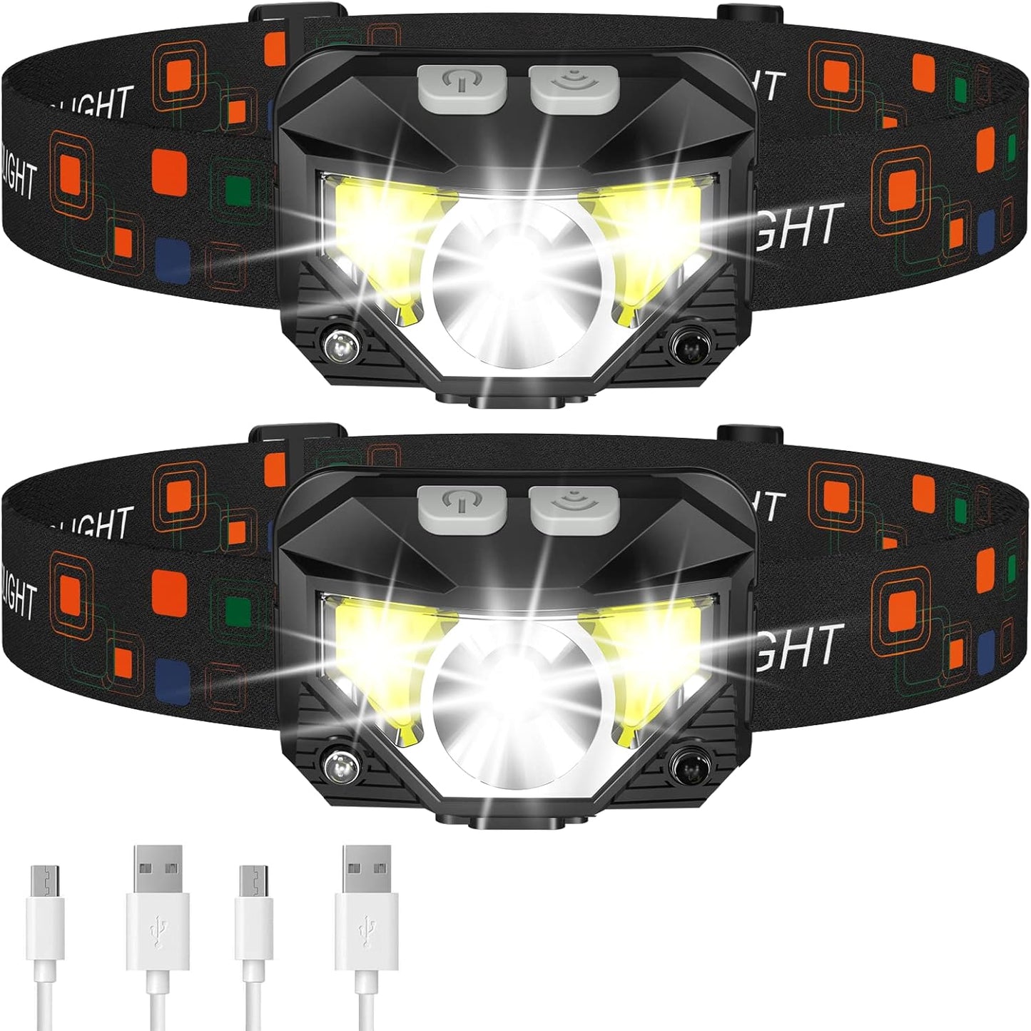 LHKNL Headlamp Flashlight, Lumen Ultra-Light Bright LED Rechargeable Headlight with White Red Light, 2-Pack Waterproof Motion Sensor Head
