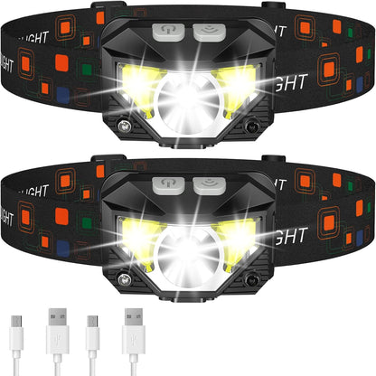 LHKNL Headlamp Flashlight, Lumen Ultra-Light Bright LED Rechargeable Headlight with White Red Light, 2-Pack Waterproof Motion Sensor Head