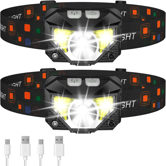 LHKNL Headlamp Flashlight, Lumen Ultra-Light Bright LED Rechargeable Headlight with White Red Light, 2-Pack Waterproof Motion Sensor Head