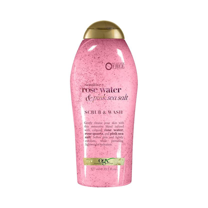OGX Sensitive + Rose Water & Pink Sea Salt Exfoliating Body Scrub + Rose Quartz, Gentle Exfoliating Daily Body Wash Softens