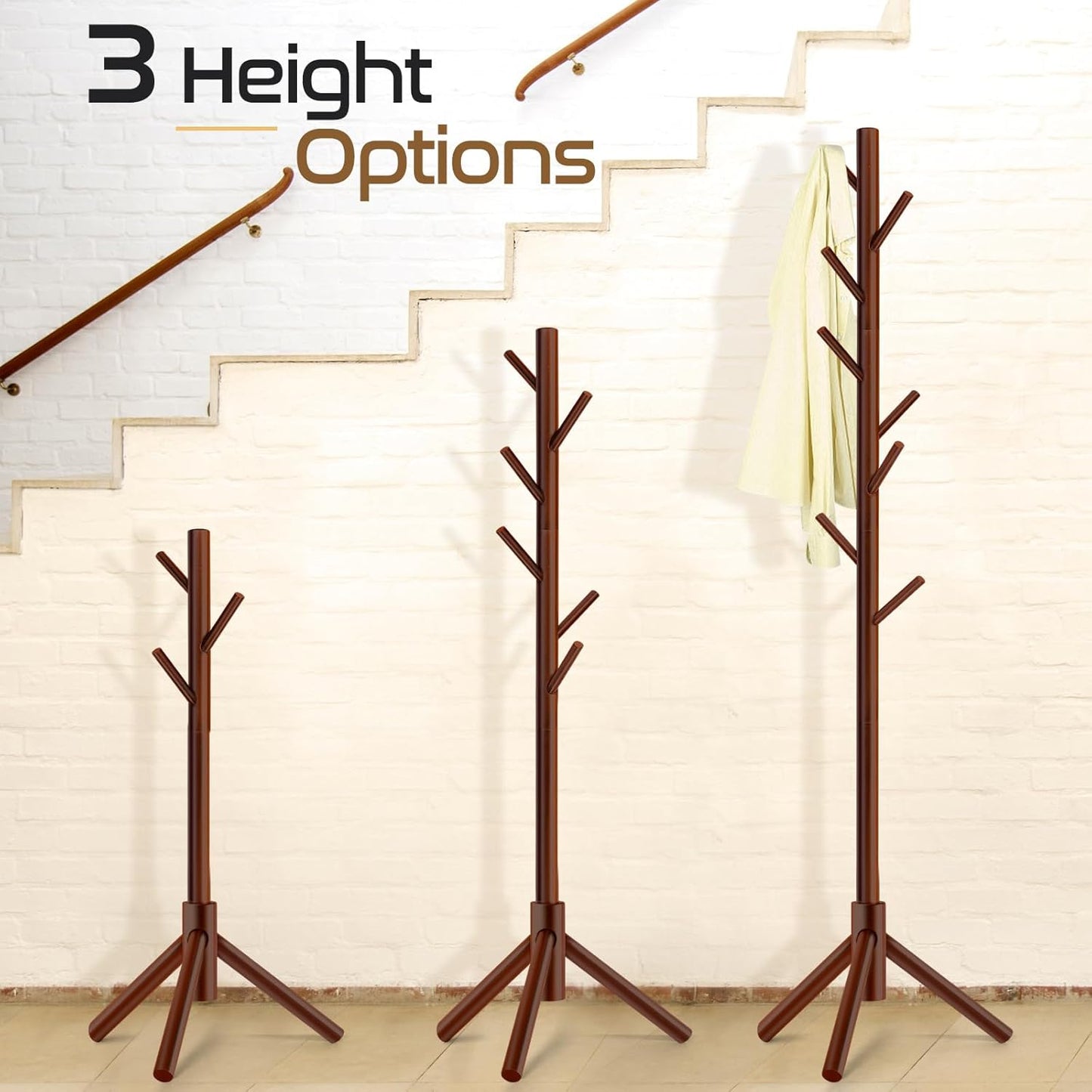 Solid Wooden Coat Rack Freestanding, New Zealand Pine Coat Tree with 8 Hooks & 3 Adjustable Sizes for Coats, Hats, Handbags and