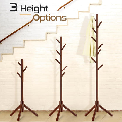 Solid Wooden Coat Rack Freestanding, New Zealand Pine Coat Tree with 8 Hooks & 3 Adjustable Sizes for Coats, Hats, Handbags and