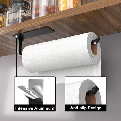 Paper Towel Holder - Self-Adhesive or Drilling, Matte Black, Upgraded Aluminum Kitchen Roll Dispenser Under