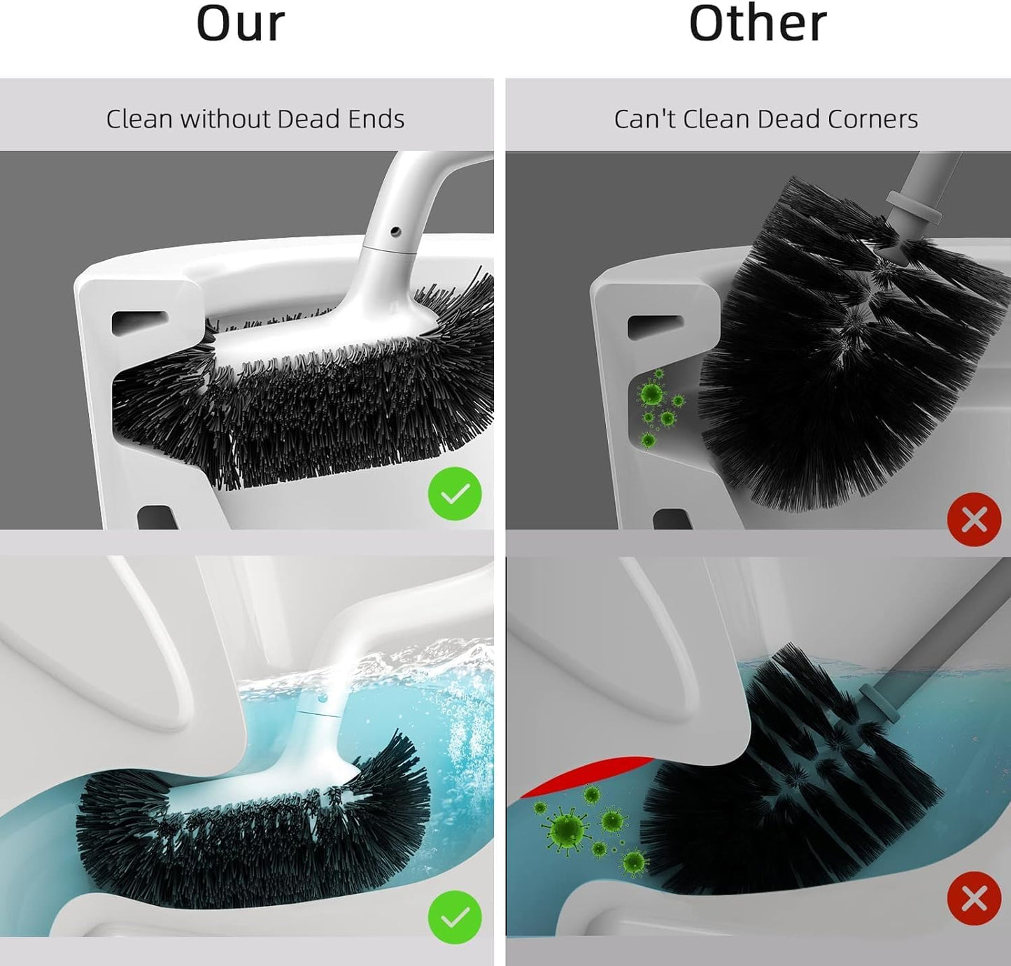 HAMITOR Toilet Bowl Brush Holder Set: Bathroom Deep Cleaning Toilet Cleaner Scrubber Under Rim with Curved Bristle for Dead Corner Clean - Hidden Rv