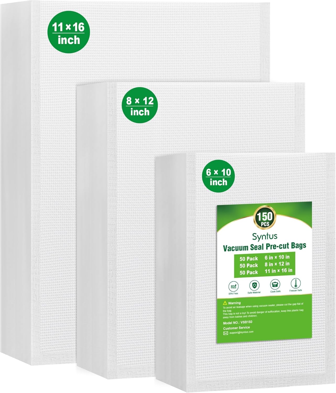 Syntus Vacuum Sealer Bags, 150 Gallon 11" x 16" and Quart 8" x 12" and Pint 6" x 10" Commercial Grade PreCut Bag, BPA Free Food Vac Bags for