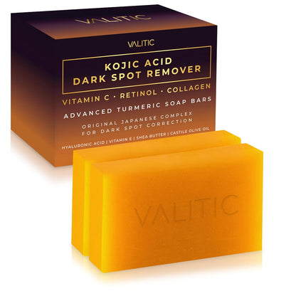 VALITIC Kojic Acid Dark Spot Remover Soap Bars with Vitamin C, Retinol, Collagen, Turmeric - Original Japanese Complex Infused with Hyaluronic