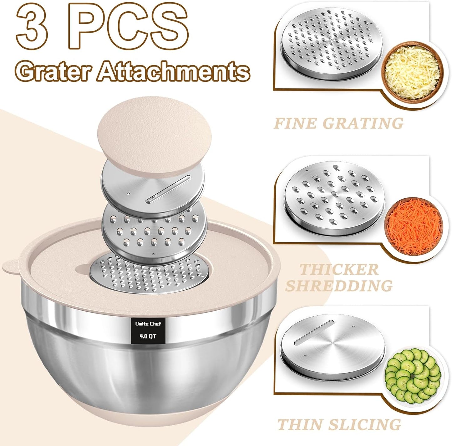 Umite Chef Mixing Bowls with Airtight Lids Set, 8PCS Stainless Steel Khaki Nesting Bowls with Grater Attachments, Kitchen Bowls with Non-Slip