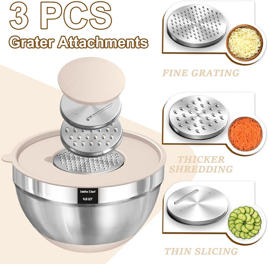 Umite Chef Mixing Bowls with Airtight Lids Set, 8PCS Stainless Steel Khaki Nesting Bowls with Grater Attachments, Kitchen Bowls with Non-Slip