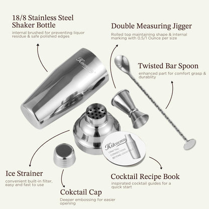 Cocktail Shaker, KITESSENSU 24oz Drink Shaker with Bartender Strainer, Measuring Jigger, Bar Mixing Spoon, Cocktail Recipe