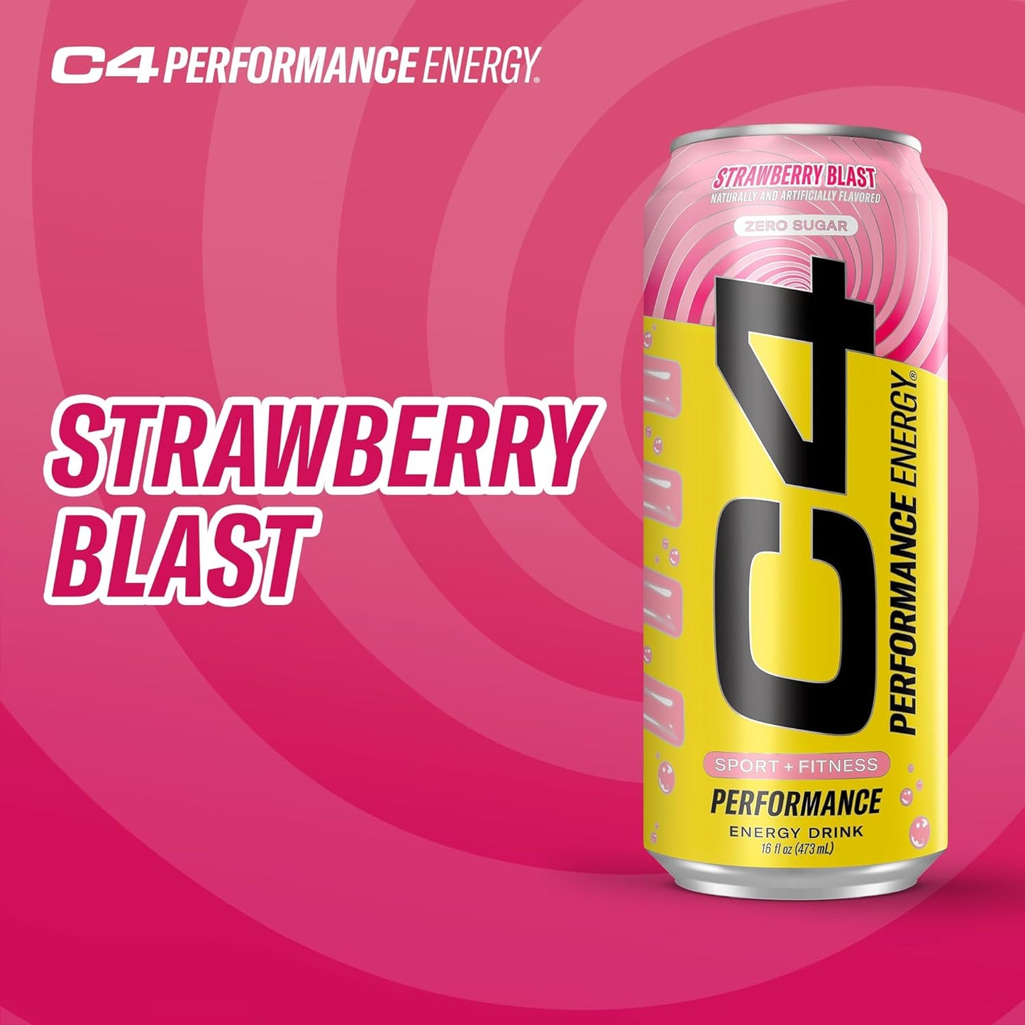 C4 Performance Energy Drink, Strawberry Blast, Zero Sugar Carbonated Preworkout Energy, 200mg Caffeine with Beta Alanine, 16 Fl Oz (12 Pack)