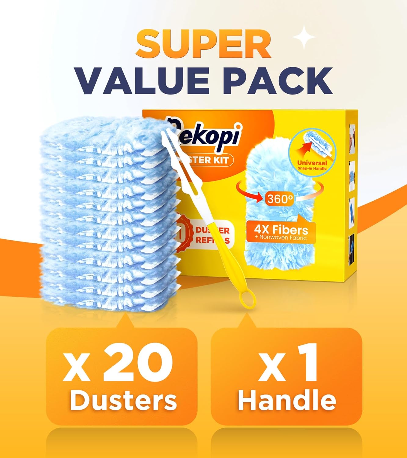 Heavy Duty Duster Refills for Swiffer Duster, 20 Count Duster Refills with 1 Handle, Multisurface 360 Dusters with 4X