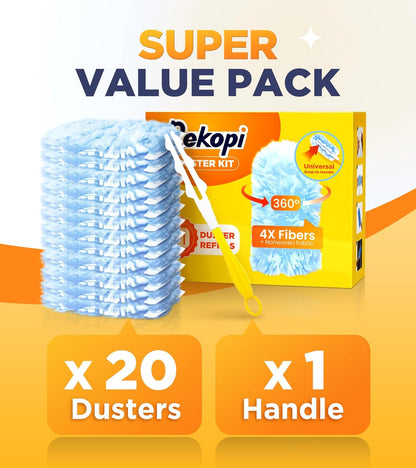 Heavy Duty Duster Refills for Swiffer Duster, 20 Count Duster Refills with 1 Handle, Multisurface 360 Dusters with 4X