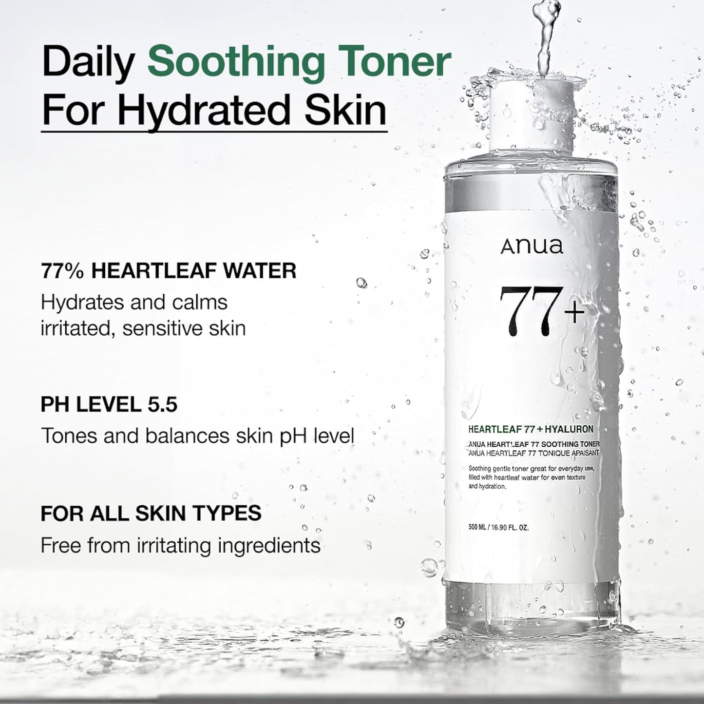 Anua Heartleaf 77 Soothing Toner, Moisturizing & Calming Facial Toner for Glass Skin, Hyaluronic Acid, Lightweight Hydration for Sensitive