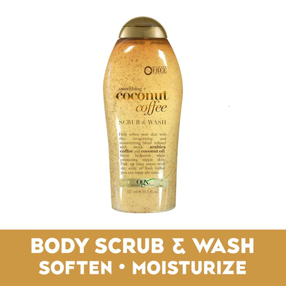 OGX Smoothing + Coconut Coffee Exfoliating Body Scrub with Arabica Coffee & Coconut Oil, Moisturizing Body Wash for Dry