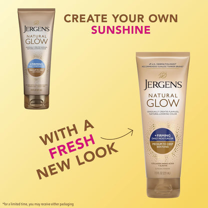 Jergens Natural Glow +Firming Self Tanner Body Lotion, Medium to Deep Skin Tone, Sunless Tanning Moisturizer with Collagen and