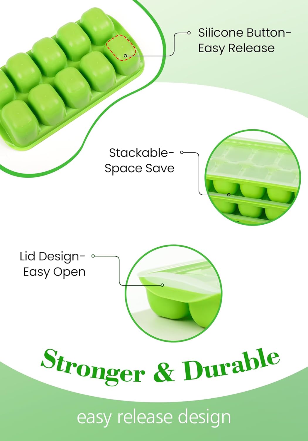 DOQAUS Ice Cube Tray with Lid and Bin - 4 Pack Ice Bucket Kits, Stackable Silicone Ice Trays for Freezer, Easy Pop Out, BPA Free for Cocktail