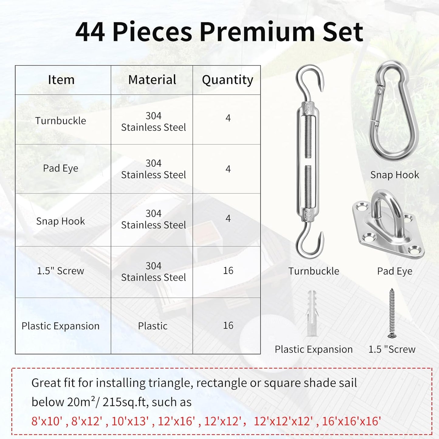 Sun Shade Sail Hardware Kit 6 Inch for Rectangle & Triangle Shade Sail
