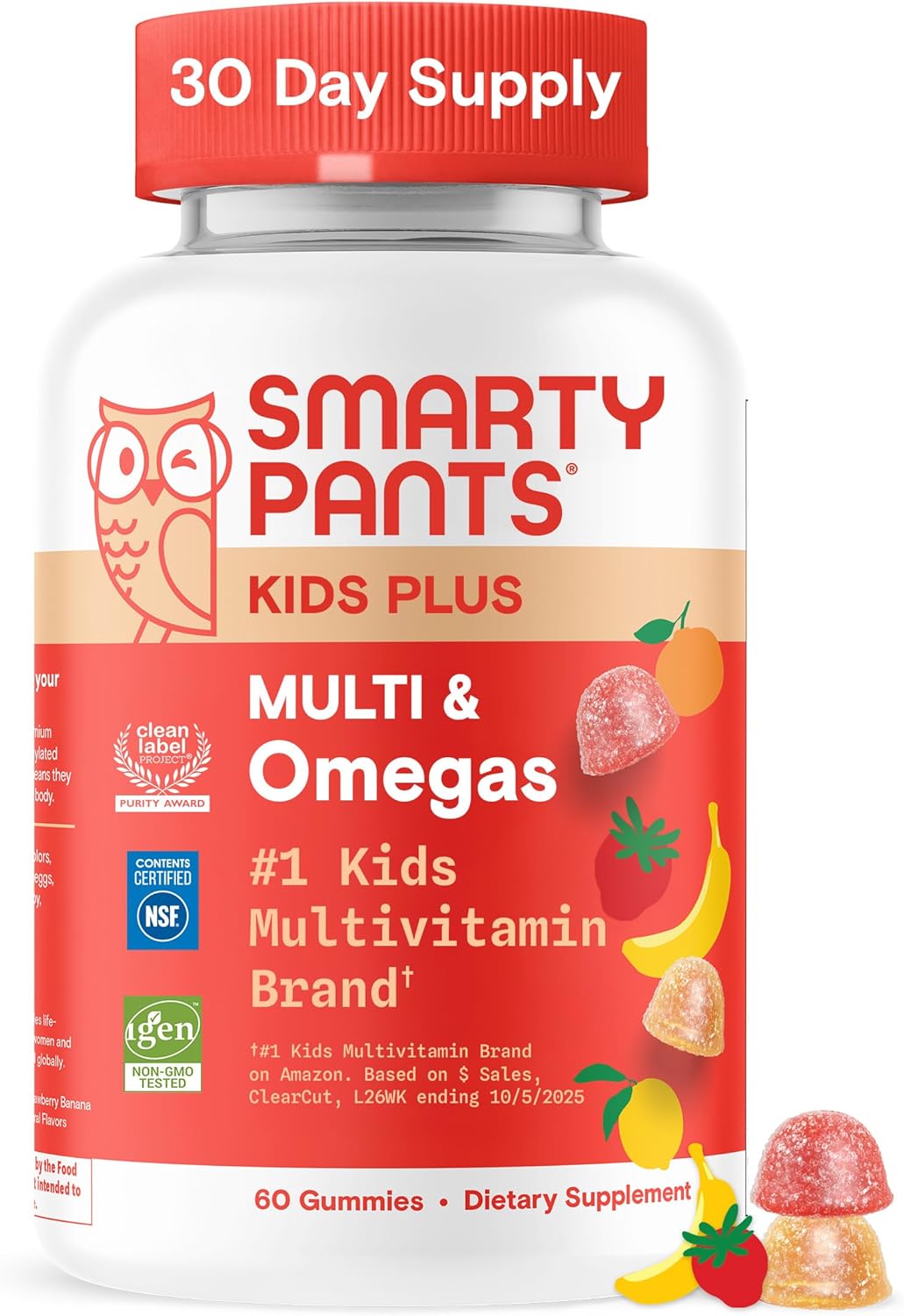SmartyPants Kids Multivitamin Gummies with Omega 3 DHA/EPA, Vitamins D3, C, B12, B6, A, K, and Zinc, Gluten Free, Clean Label, Three Fruit