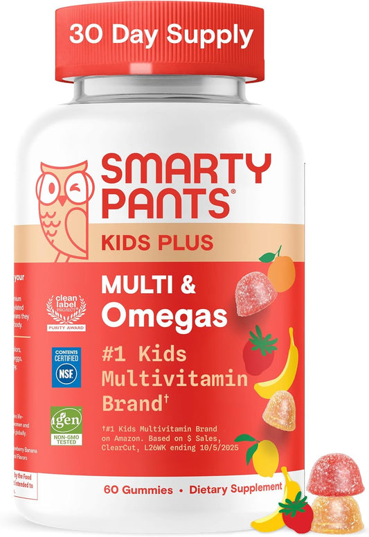 SmartyPants Kids Multivitamin Gummies with Omega 3 DHA/EPA, Vitamins D3, C, B12, B6, A, K, and Zinc, Gluten Free, Clean Label, Three Fruit