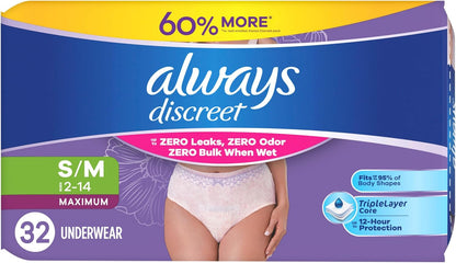 Always Discreet Adult Diapers for Women, Incontinence Underwear, Postpartum Essentials, Disposable Briefs, Max Absorbency, Bladder Leak