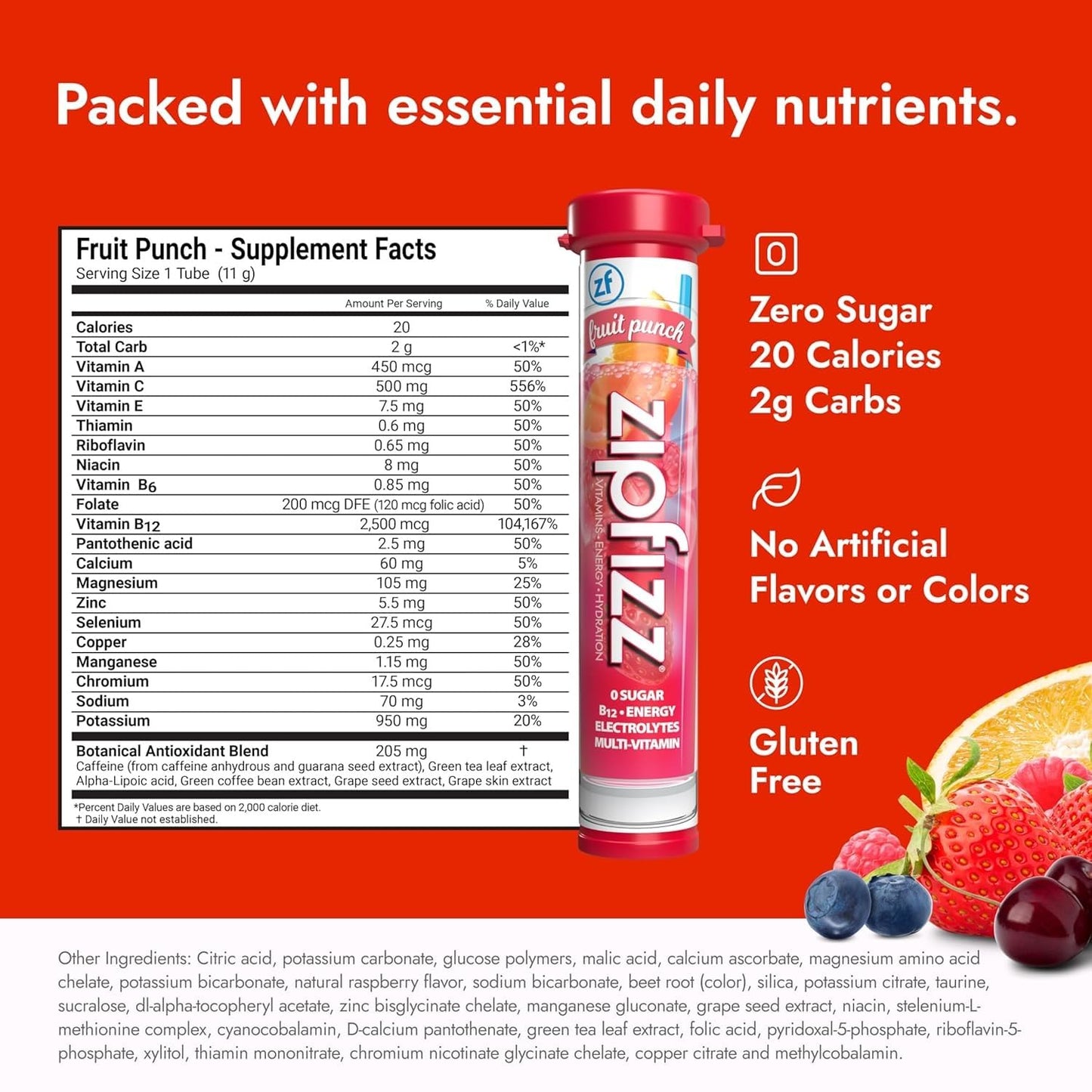 Zipfizz Daily Energy Drink Powder, Fruit Punch, 20 Pack 3-in-1 Sustained Energy, Rapid
