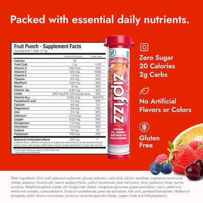 Zipfizz Daily Energy Drink Powder, Fruit Punch, 20 Pack 3-in-1 Sustained Energy, Rapid
