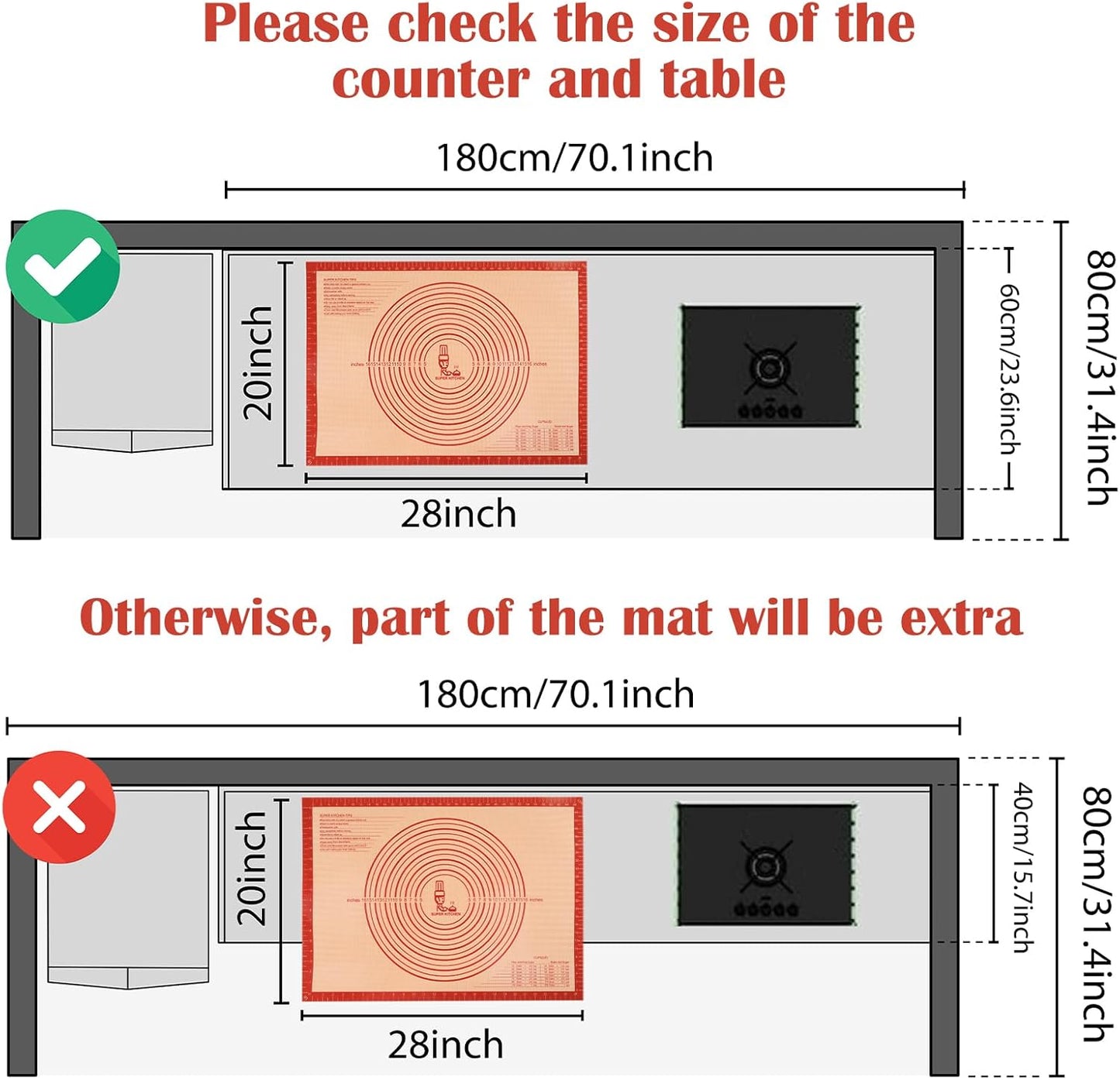 Non-slip Silicone Pastry Mat Extra Large with Measurements 28''By 20'' for Silicone Baking Mat, Counter, Dough Rolling, Oven