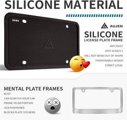 Aujen Silicone License Plate Frames Black, 2 Pack Car License Plate Frame, Universal US Black License Plate Holders Brackets
