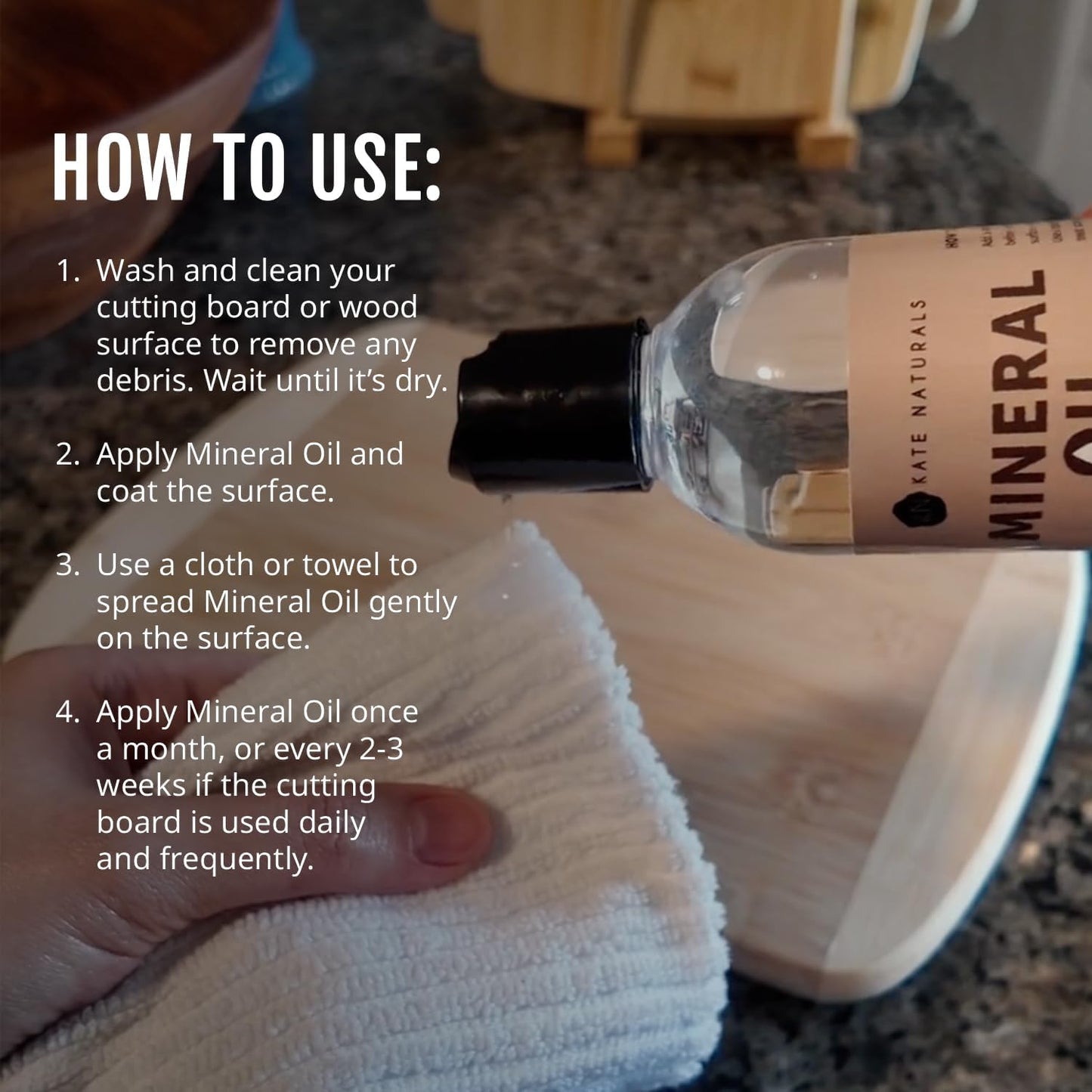 Kate Naturals Mineral Oil for Wood Cutting Board, Butcher Block, and Knife. Food Grade Mineral Oil for Wooden Cutting Board & Utensils