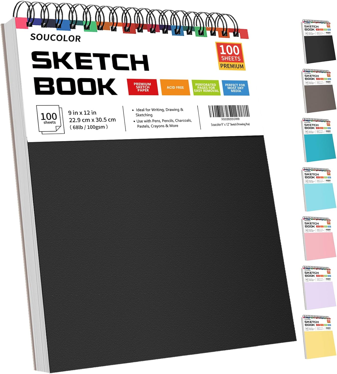 Soucolor 9" x 12" Sketch Book, 100 Sheets Top Spiral Bound Sketchbook with Acid-Free 68lb/100gsm Thick Drawing Paper, Art Sketch Pad for