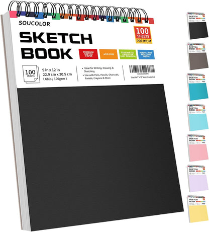 Soucolor 9" x 12" Sketch Book, 100 Sheets Top Spiral Bound Sketchbook with Acid-Free 68lb/100gsm Thick Drawing Paper, Art Sketch Pad for