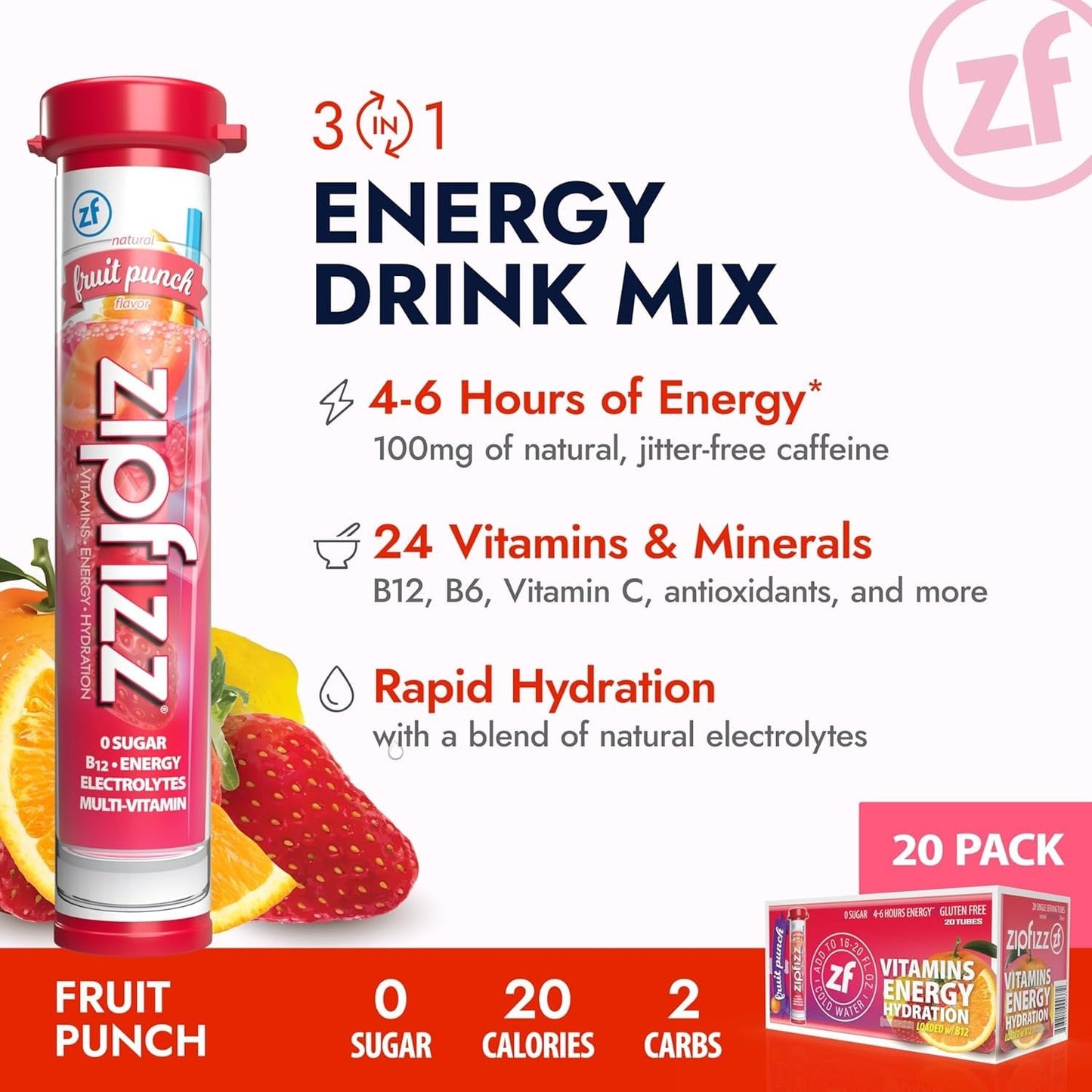 Zipfizz Daily Energy Drink Powder, Fruit Punch, 20 Pack 3-in-1 Sustained Energy, Rapid