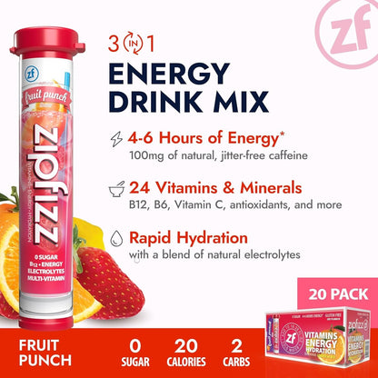 Zipfizz Daily Energy Drink Powder, Fruit Punch, 20 Pack 3-in-1 Sustained Energy, Rapid