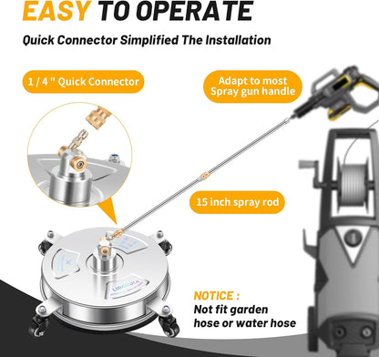 14" Pressure Washer Surface Cleaner with 4 Wheels - Stainless Steel Surface Cleaner for Pressure Washer Attachment for Concrete, Patio