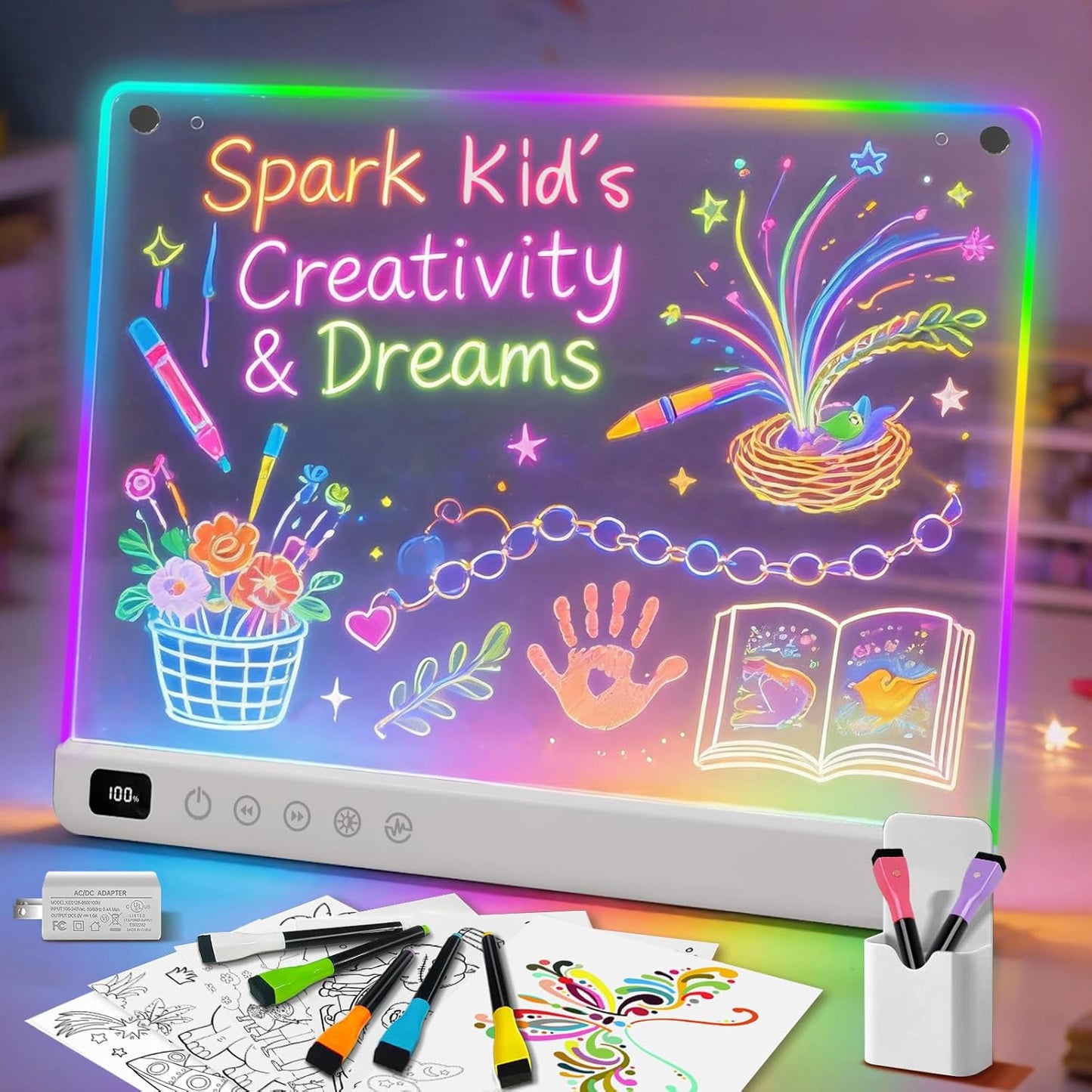Led Drawing Board with 13 Light Effects, 16" Rechargeable Glow Doodle LED Note Board with