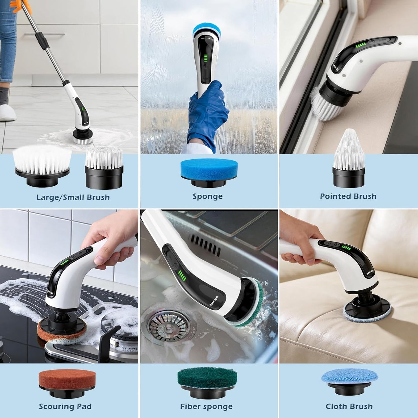 Bomves Electric Spin Scrubber, Cordless Cleaning Brush Scrubber for Home, 8 Replaceable Brush Heads-90Mins Work Time, 3 Adjustable