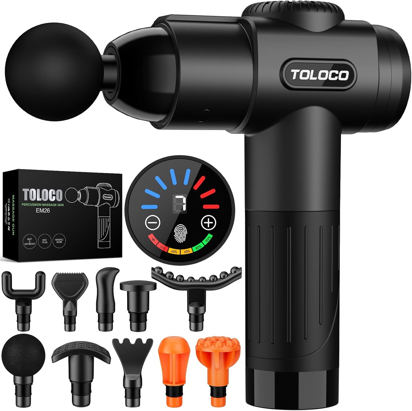 TOLOCO Massage Gun, Deep Tissue Back Massage for Athletes for Pain Relief, Percussion Massager with 10 Massages Heads & Silent Brushless