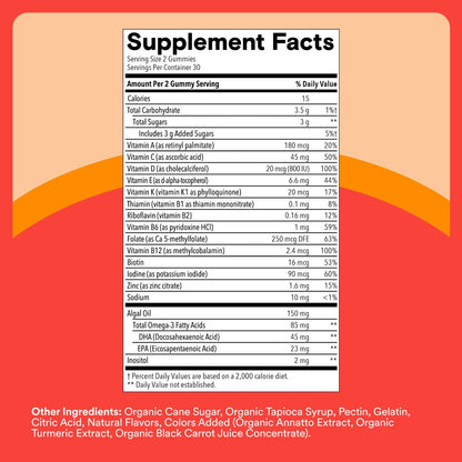 SmartyPants Kids Multivitamin Gummies with Omega 3 DHA/EPA, Vitamins D3, C, B12, B6, A, K, and Zinc, Gluten Free, Clean Label, Three Fruit